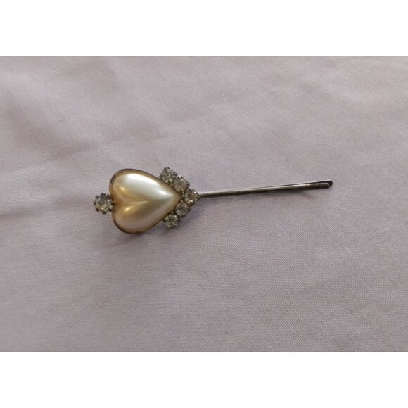 Vintage Heart-Shaped Faux Pearl & Rhinestone Hairpin Bobby Pin - Picture 1 of 3